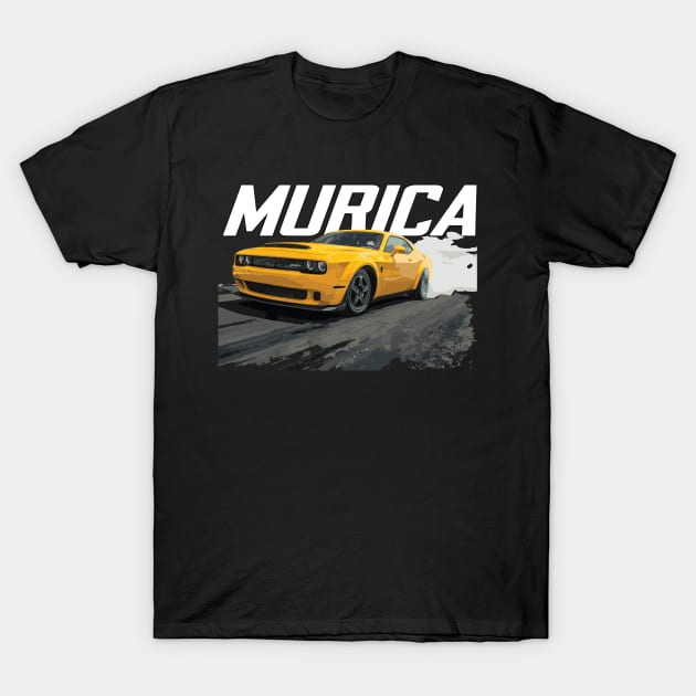 MURICA  Charger challenger Hellcat Widebody SRT yellow jacket burnout 1/4 mile drag T-Shirt by cowtown_cowboy